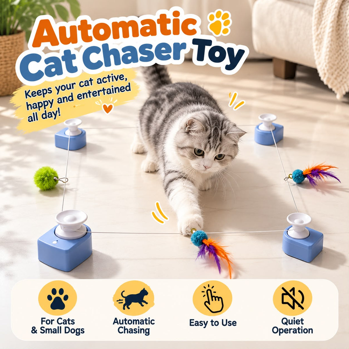 ZOKICO Automatic Cat Chase Toy four-point play setup with a cat